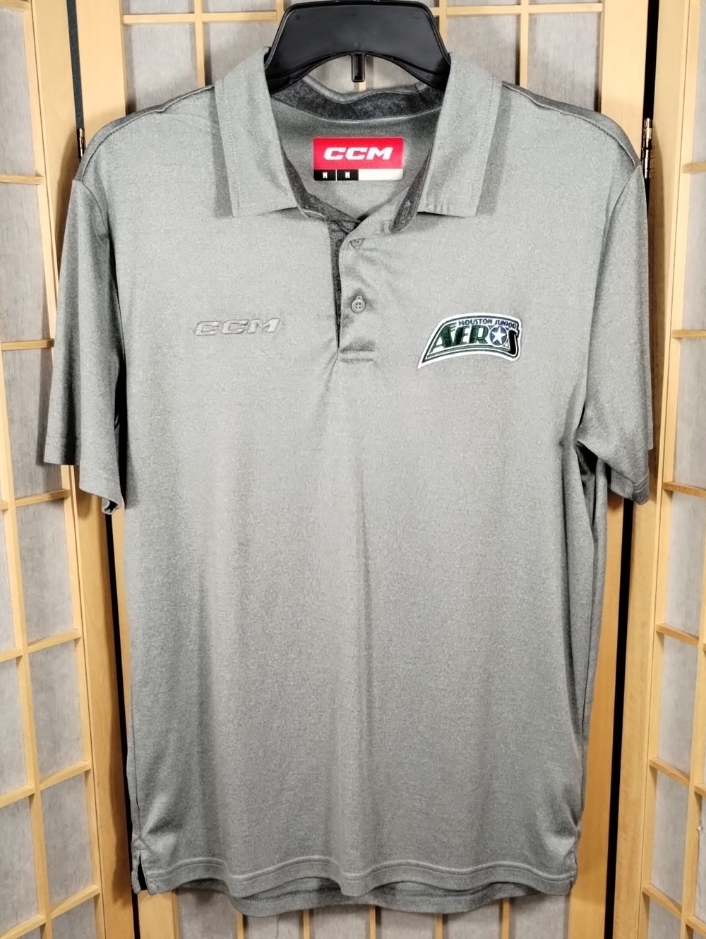 CCM Men's Light Gray Polo with Houston Junior Aero Patch Hockey Size M